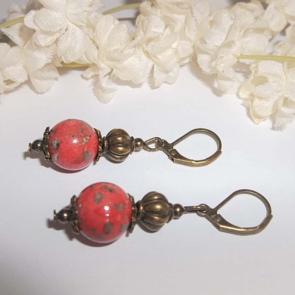 Earrings, Coral Earrings, Bronze Earrings, Earrings, Boho Earring, Earring, 7824 - Picture 4 of 8